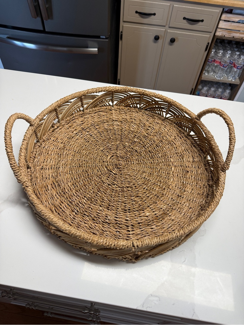 Woven Round Seagrass Serve Tray with Handles - Natural